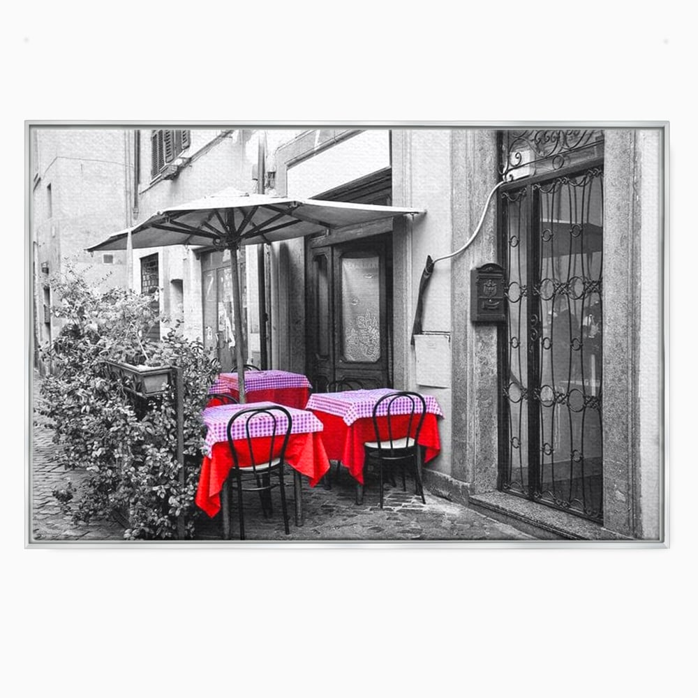 Tablou canvas cu cafenea stradala vintage alb negru cu pete de rosu, in rama de aluminiu argintiu